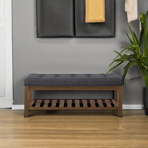 Large Rectangular Tufted Linen Upholstered Ottoman Bench with Solid Wood Shelf