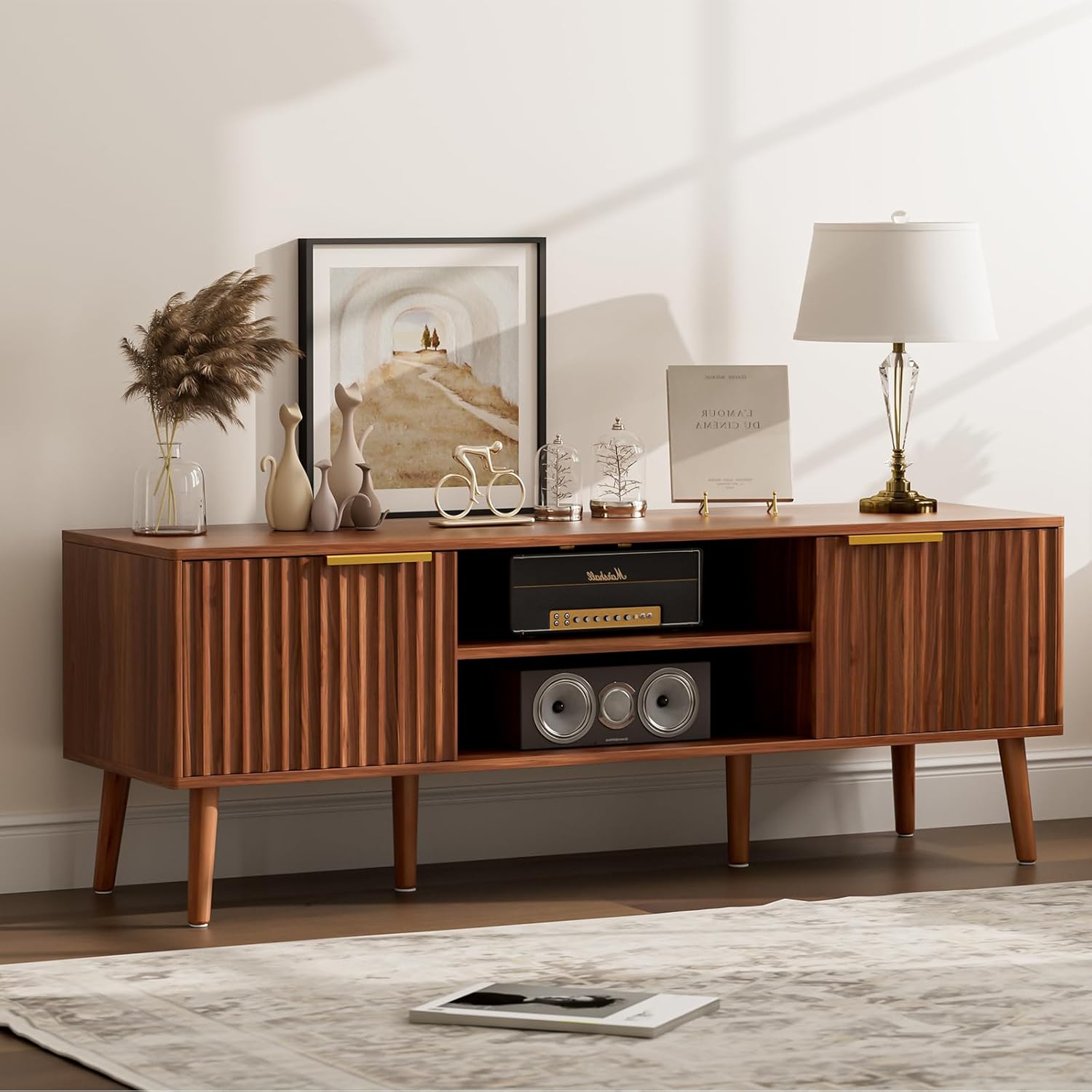 Mid Century Modern TV Stand for 55/60 Inch TVs with Shelves