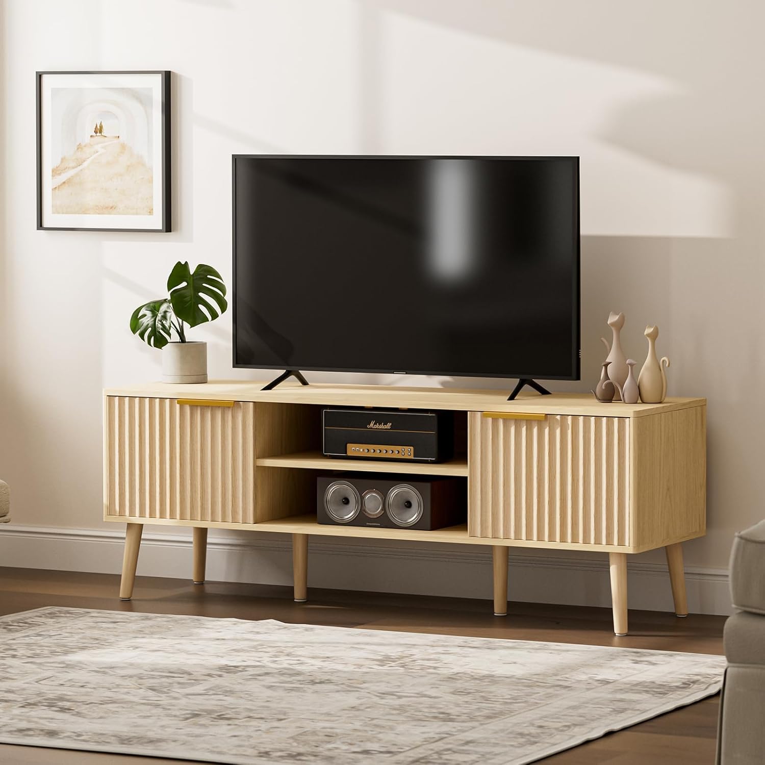 Mid Century Modern TV Stand for 55/60 Inch TVs with Shelves