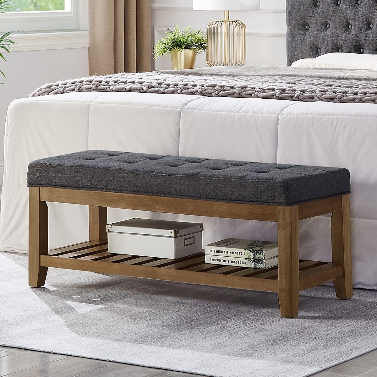 Large Rectangular Tufted Linen Upholstered Ottoman Bench with Solid Wood Shelf