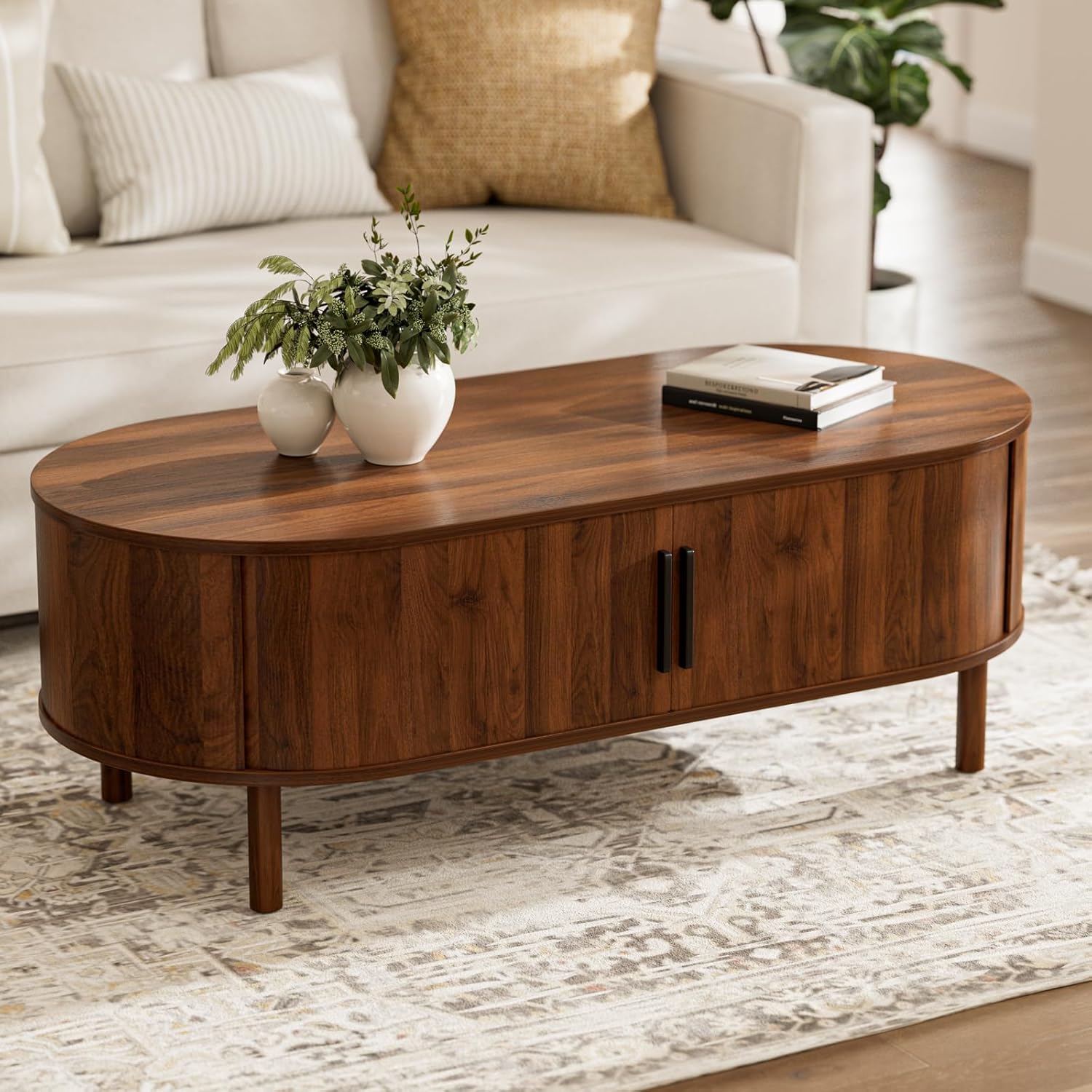 Modern Oval Coffee Table with Cabinets and Sliding Doors