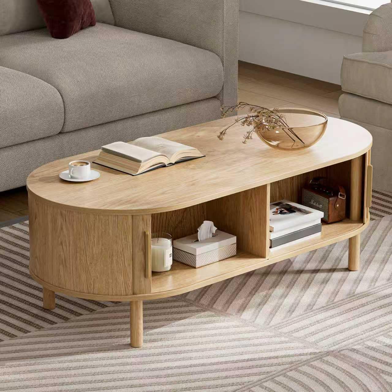 Modern Oval Coffee Table with Cabinets and Sliding Doors