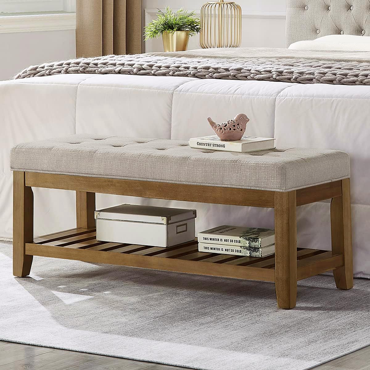 Large Rectangular Tufted Linen Upholstered Ottoman Bench with Solid Wood Shelf