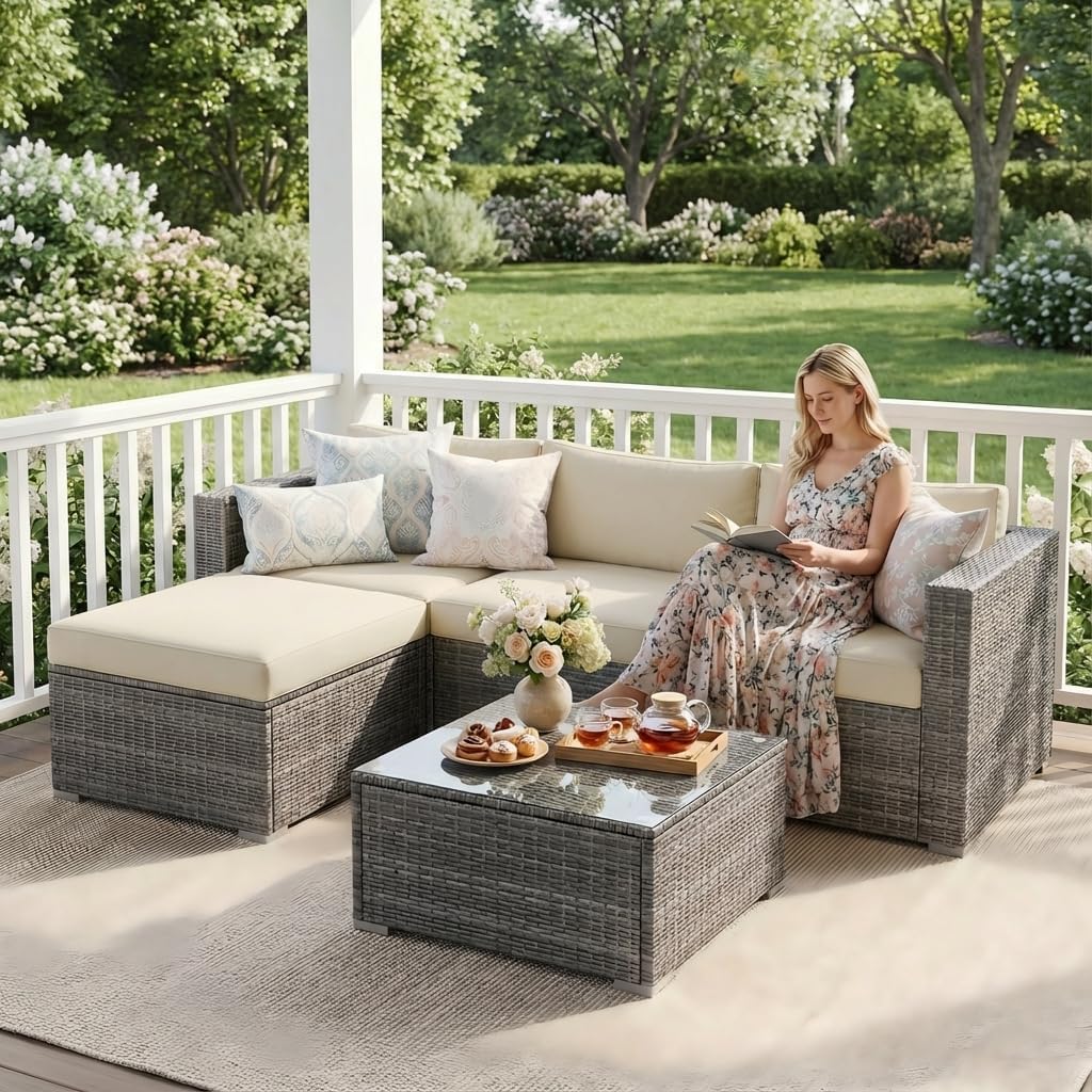 Beige Rattan Outdoor Sectional Furniture Set for Patio, Deck, and Garden