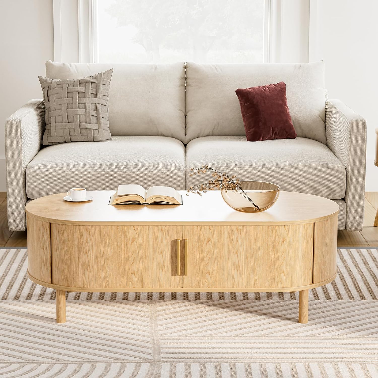 Modern Oval Coffee Table with Cabinets and Sliding Doors