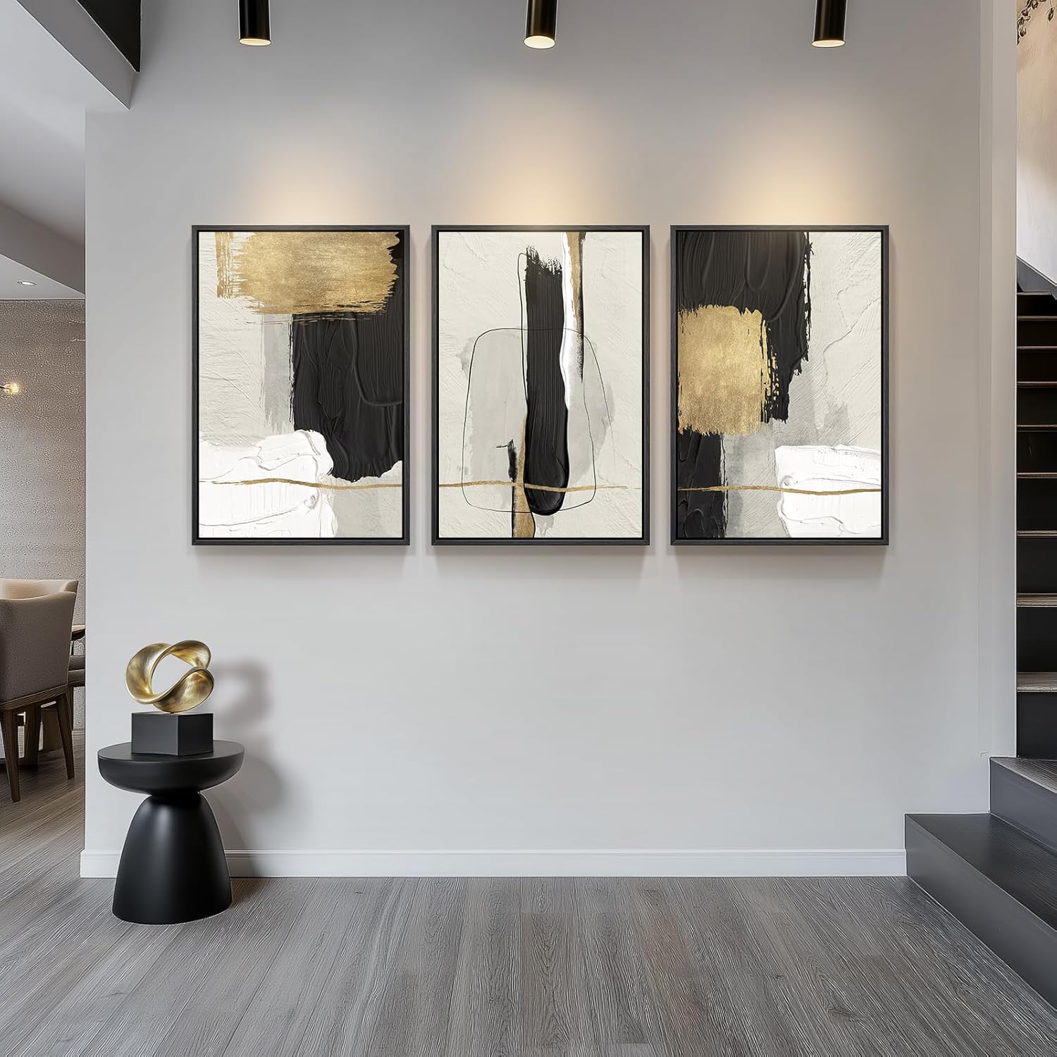 White, Black and Gold Abstract 3 Piece Modern Framed Art Set