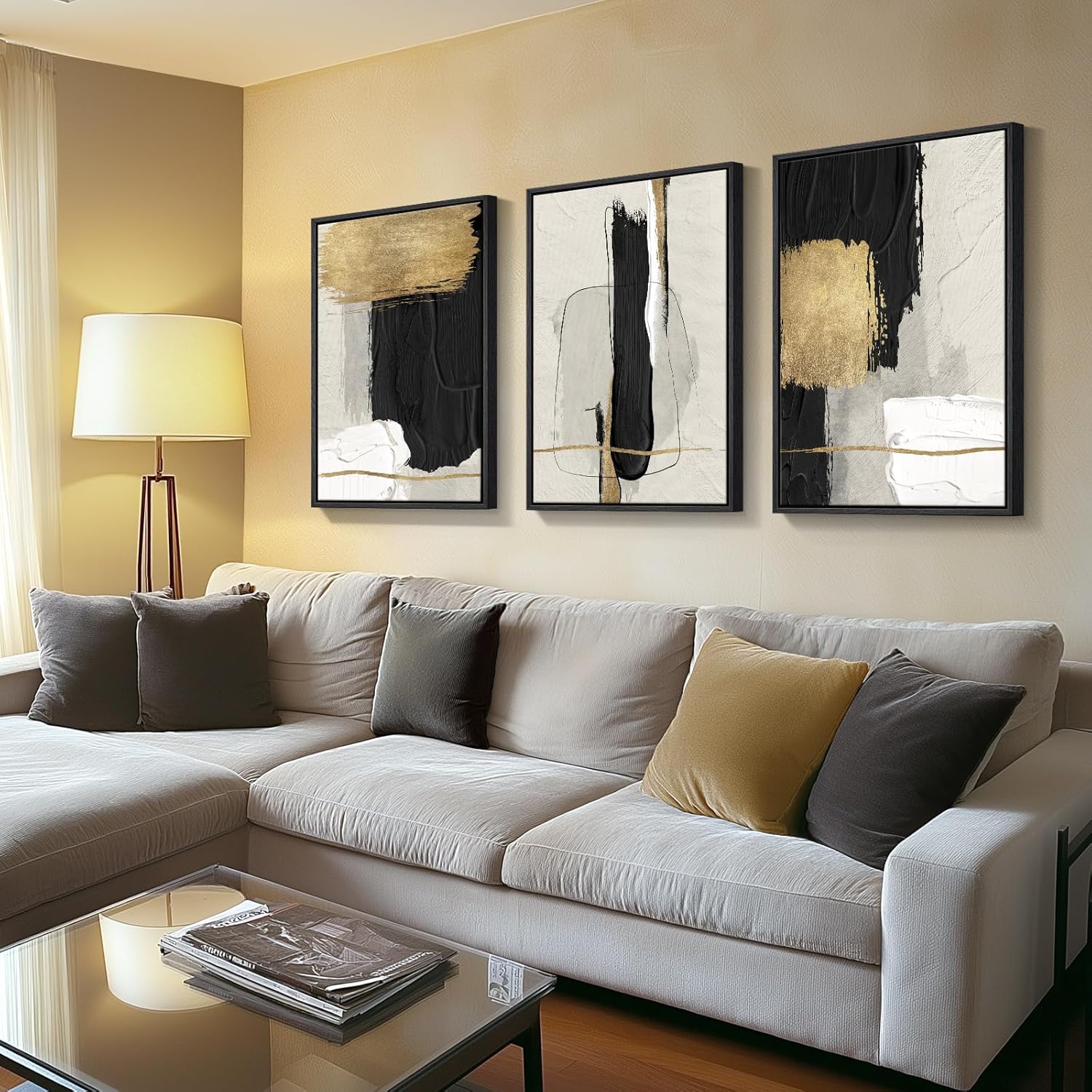 White, Black and Gold Abstract 3 Piece Modern Framed Art Set