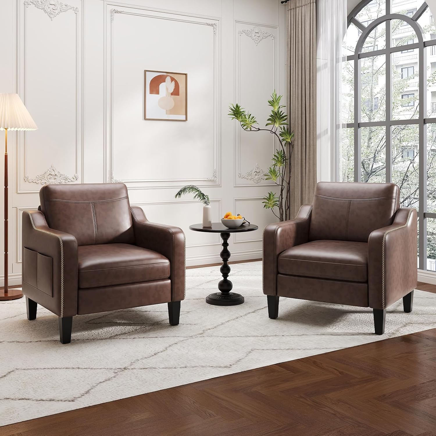 Set of 2 Mid-Century Modern PU Leather Accent Chairs with Removable Cushions