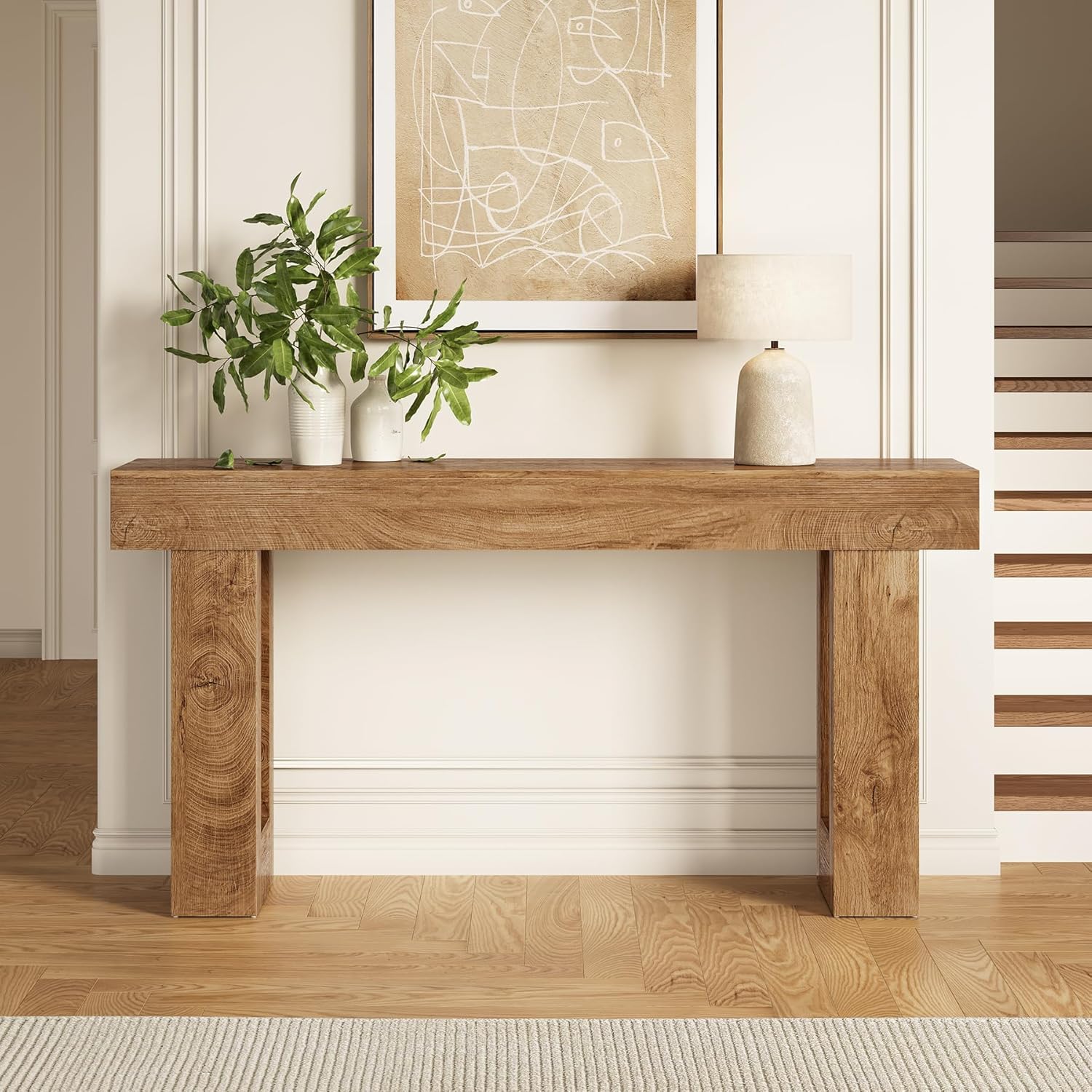 Industrial 63" Wooden Console Table for Entryway & Living Room - Oak Finish