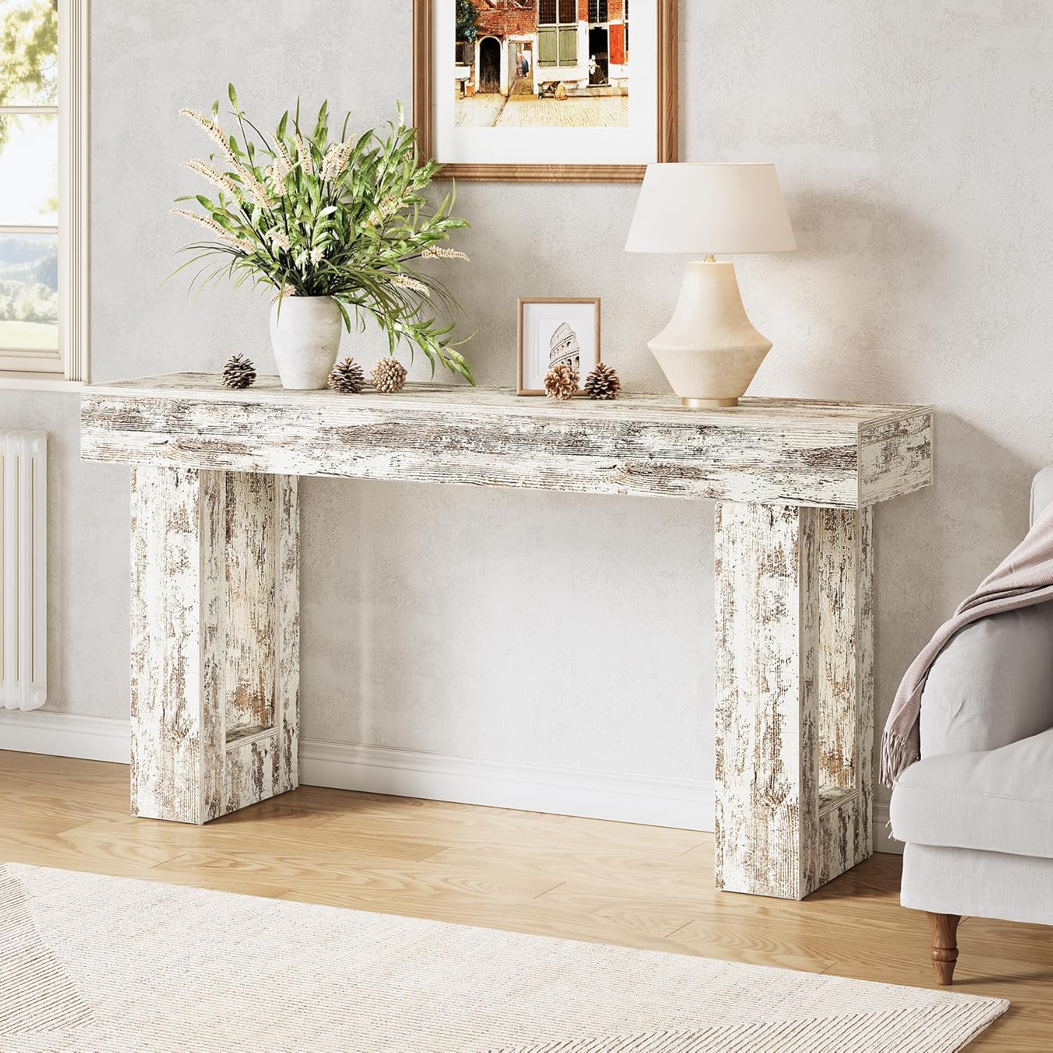 Industrial 63" Wooden Console Table for Entryway & Living Room - Oak Finish